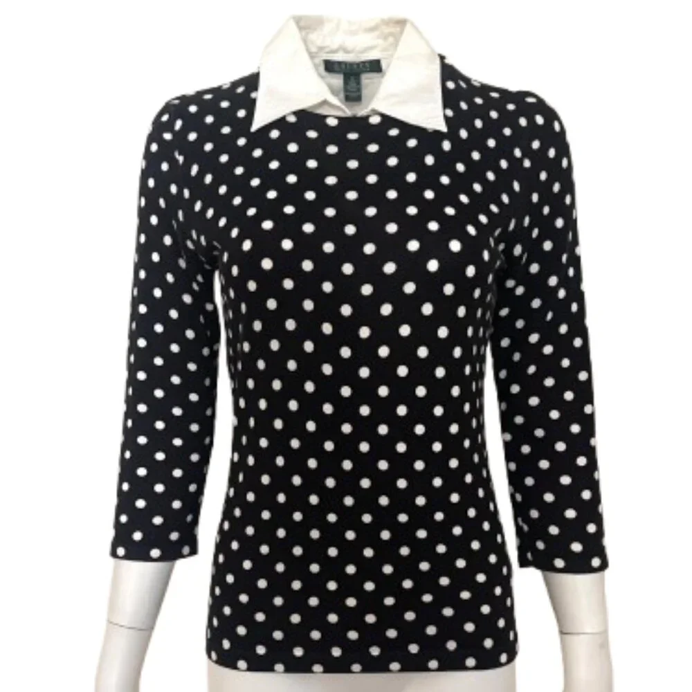 NWOT Ralph Lauren POLKA DOT WHITE COLAR KNIT TOP S - Picture 2 of 13